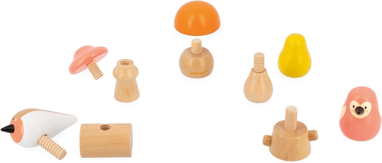 Janod 2 Vögel und 3 Pilze zum Schrauben-Lernspielzeug und Frühförderung-Spielzeug aus FSC-Holz-WWF-Partnerschaft-Ab 18 Monate, J08643, Mehrfarbig, one size