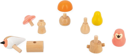 Janod 2 Vögel und 3 Pilze zum Schrauben-Lernspielzeug und Frühförderung-Spielzeug aus FSC-Holz-WWF-Partnerschaft-Ab 18 Monate, J08643, Mehrfarbig, one size