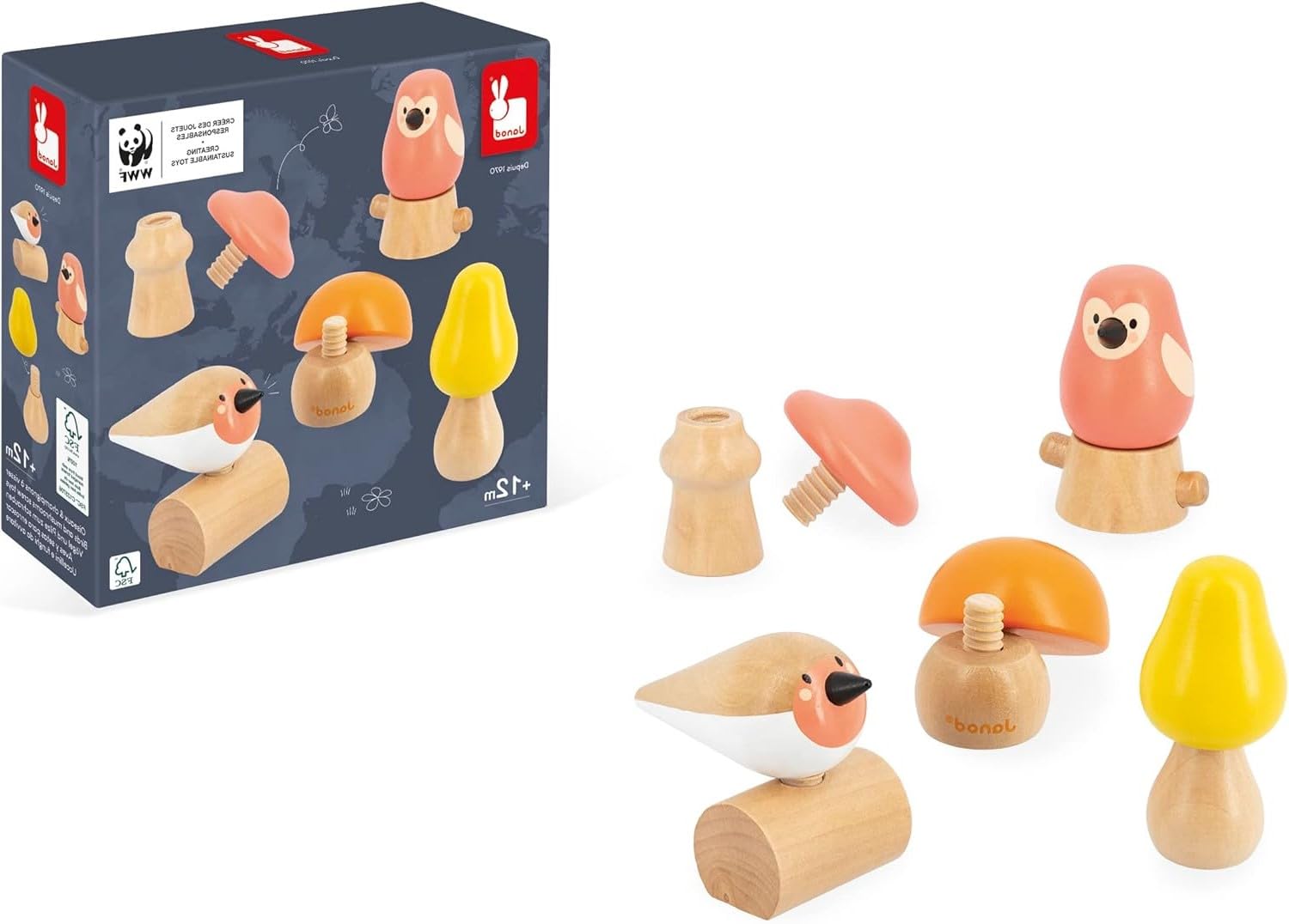 Janod 2 Vögel und 3 Pilze zum Schrauben-Lernspielzeug und Frühförderung-Spielzeug aus FSC-Holz-WWF-Partnerschaft-Ab 18 Monate, J08643, Mehrfarbig, one size