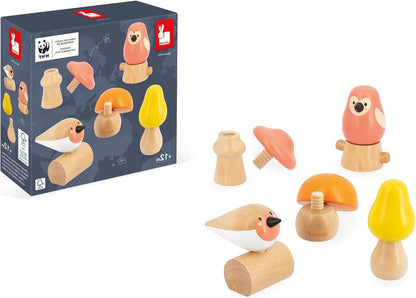 Janod 2 Vögel und 3 Pilze zum Schrauben-Lernspielzeug und Frühförderung-Spielzeug aus FSC-Holz-WWF-Partnerschaft-Ab 18 Monate, J08643, Mehrfarbig, one size