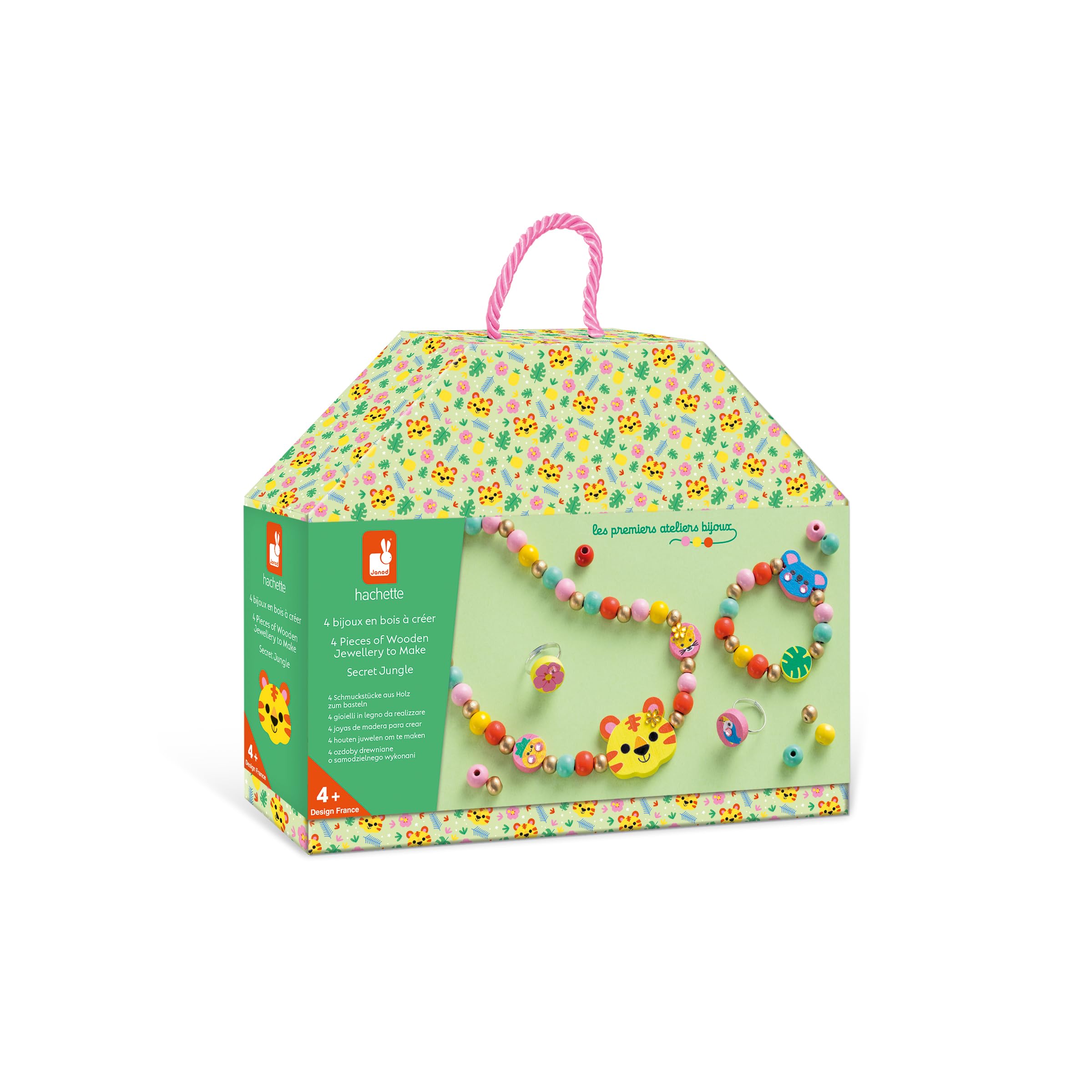 Janod - 4 Holzschmuckstücke zum Selbermachen Geheimnisvoller Dschungel - Die Ersten Schmuckwerkstätten - DIY-Schmuckherstellung - Kinderbastelset - Feinmotorik und Konzentration - Ab 4 Jahren - J09131