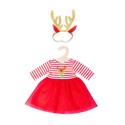 Heless 2151 - Christmas Dress for Dolls in Reindeer Rudi Design, Includes Headband with Gorgeous Golden Antlers, Size 35 - 45 cm
