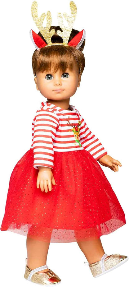 Heless 2151 - Christmas Dress for Dolls in Reindeer Rudi Design, Includes Headband with Gorgeous Golden Antlers, Size 35 - 45 cm