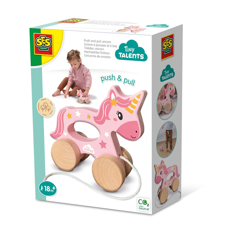 SES Creative 13137 Push and Pull 2 in 1 Wooden Unicorn, Yellow