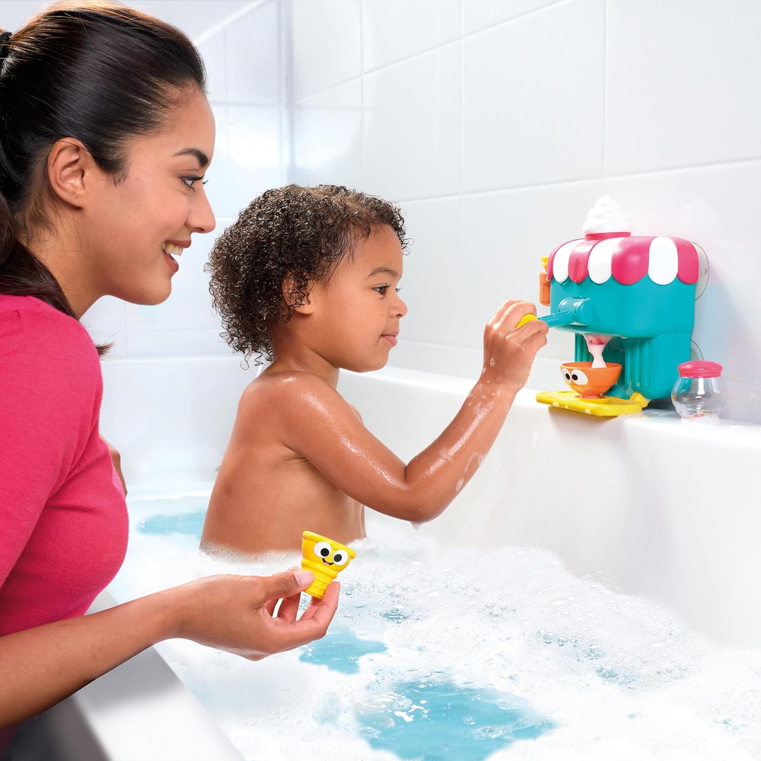 TOMY Toomies Foam Cone Factory Deluxe - Ice Cream Foam Maker Baby Bath Toys - Wall Mounted Bubble Bath Toys for Kids - Pretend Play Water Toys - Toddler and Baby Sensory Toys - Plus 18 Month Old Toys