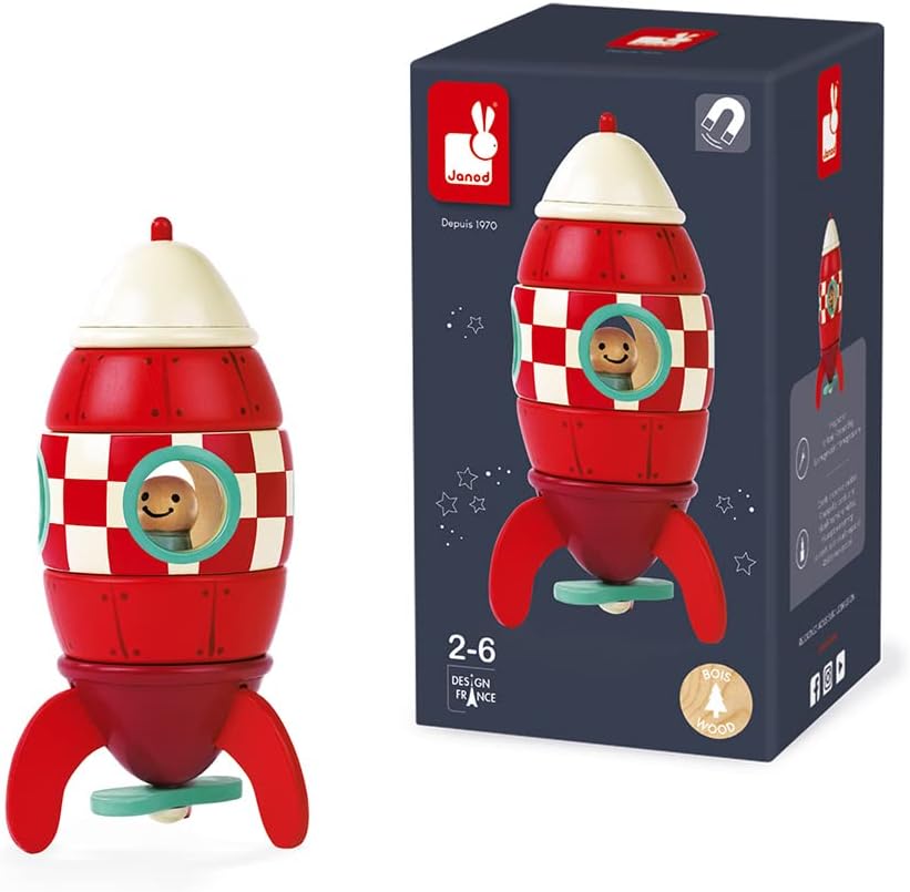 Janod - Magnetisch bouwpakket, houten raket - magnetische raket - houten speelgoed met magnetische bouwstenen - magnetisch model - speelgoed voor kinderen vanaf 2 jaar, J05207