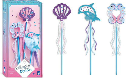 Janod - Magic Ocean - 3 Baguettes Sirène à Créer - Activité Manuelle pour Enfant - Kit de Loisirs Créatifs - avec Rubans,Perles et Sequins - Univers de la Magie - Jeu pour Enfant 3 Ans et + - J09135