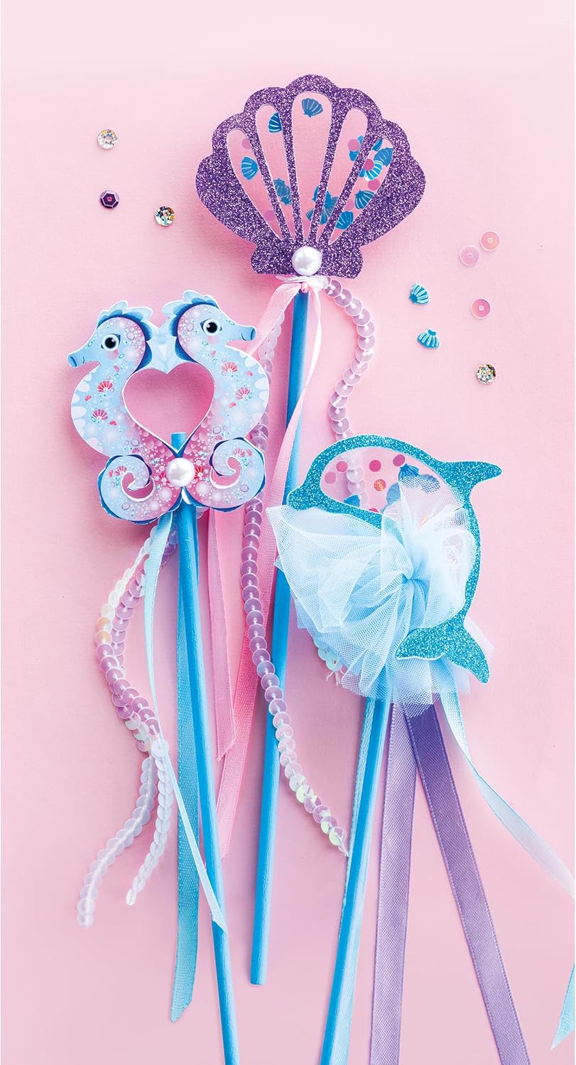 Janod - Magic Ocean - 3 Baguettes Sirène à Créer - Activité Manuelle pour Enfant - Kit de Loisirs Créatifs - avec Rubans,Perles et Sequins - Univers de la Magie - Jeu pour Enfant 3 Ans et + - J09135
