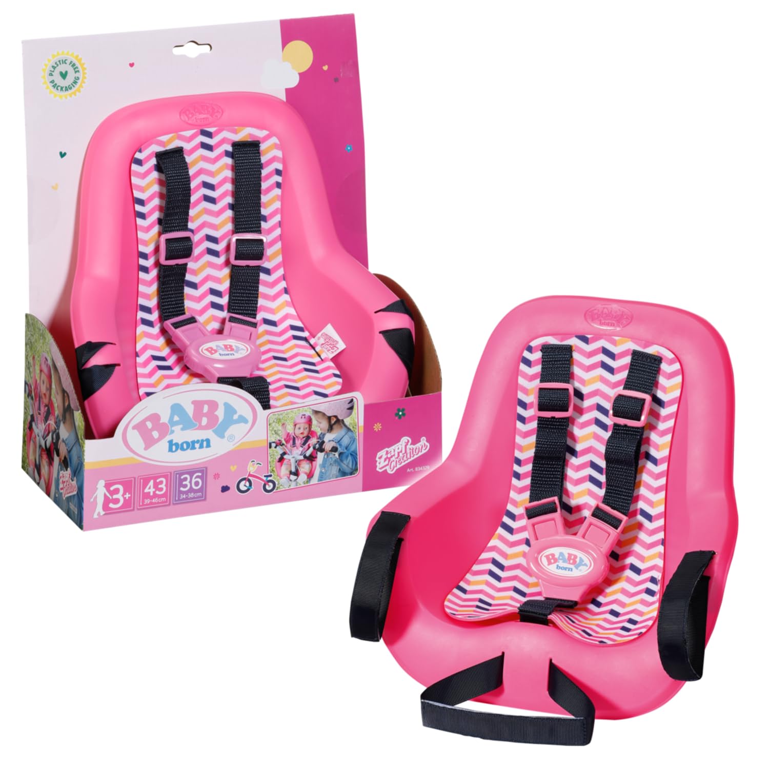 BABY Born Zapf Creation 834329 Bicycle Seat for 36 cm and 43 cm Dolls with Velcro System for Handlebars of Many Children's Bikes and 3-Point Harness, Pink