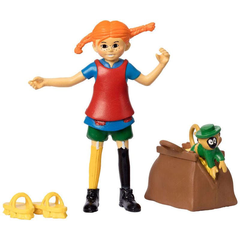 Pippi Langstrumpf Spielzeug Spielfiguren mit Pippi, Herr Nilsson Äffchen, Gold Koffer & Scheuerbürste Schuhe – Puppenhaus Zubehör Figuren Mädchen und Jungen ab 3 Jahren