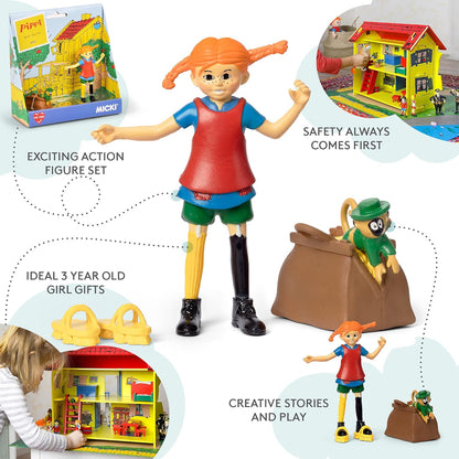 Pippi Langstrumpf Spielzeug Spielfiguren mit Pippi, Herr Nilsson Äffchen, Gold Koffer & Scheuerbürste Schuhe – Puppenhaus Zubehör Figuren Mädchen und Jungen ab 3 Jahren