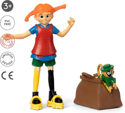 Pippi Langstrumpf Spielzeug Spielfiguren mit Pippi, Herr Nilsson Äffchen, Gold Koffer & Scheuerbürste Schuhe – Puppenhaus Zubehör Figuren Mädchen und Jungen ab 3 Jahren