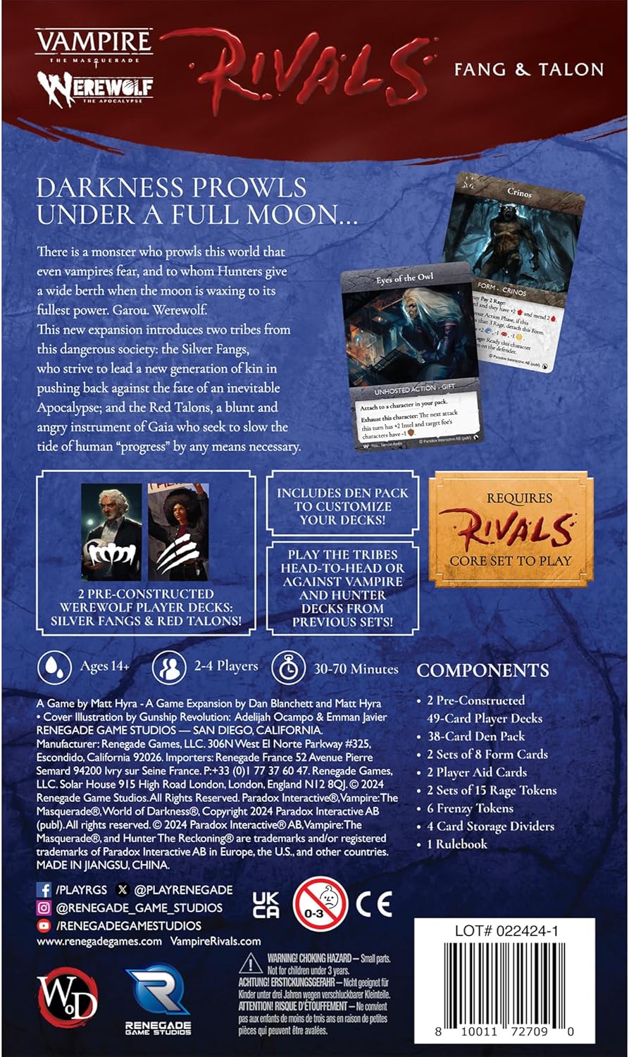 Renegade Game Studios | Vampire: The Masquerade Rivals Werewolf: Fang & Talon | Roleplaying Game | Ages 14+ | 2-4 Players | 30-70 Minutes Playing Time