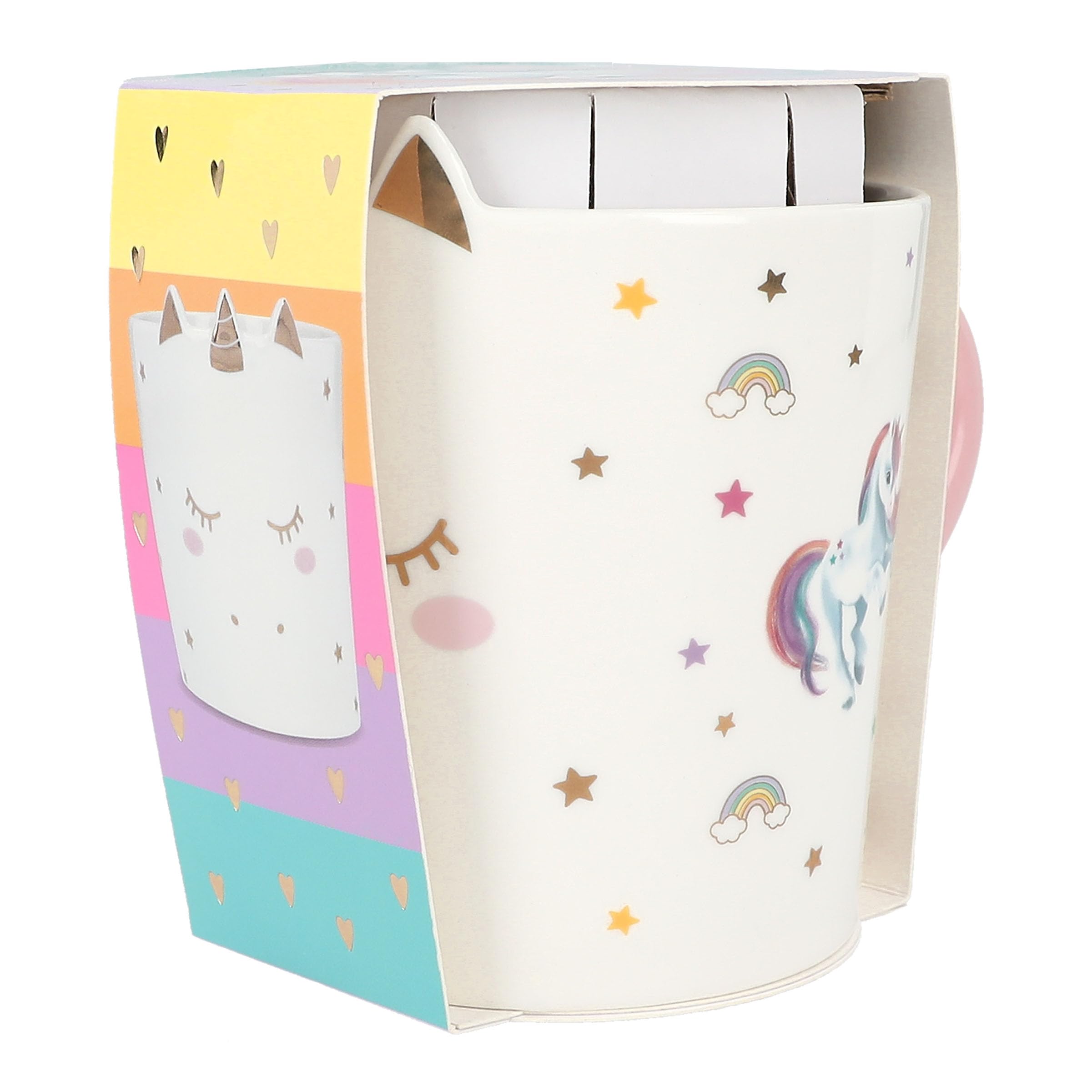Depesche 13069 Ylvi Mug bianca con stampa e scritta unicorno dorata, tazza in porcellana con manico rosa, capacità circa 300 ml, Multicolore
