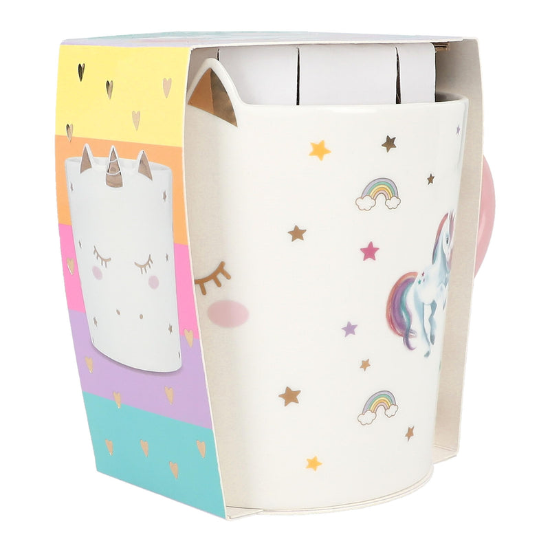 Depesche 13069 Ylvi Mug bianca con stampa e scritta unicorno dorata, tazza in porcellana con manico rosa, capacità circa 300 ml, Multicolore