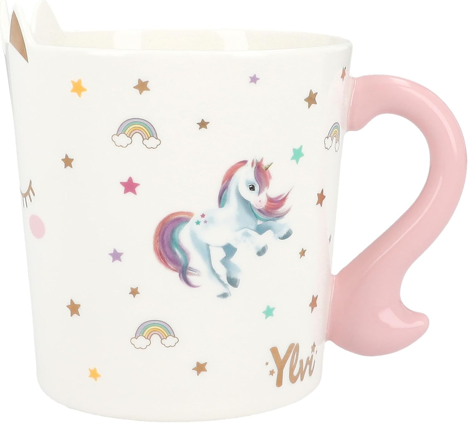 Depesche 13069 Ylvi Mug bianca con stampa e scritta unicorno dorata, tazza in porcellana con manico rosa, capacità circa 300 ml, Multicolore