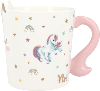 Depesche 13069 Ylvi Mug bianca con stampa e scritta unicorno dorata, tazza in porcellana con manico rosa, capacità circa 300 ml, Multicolore
