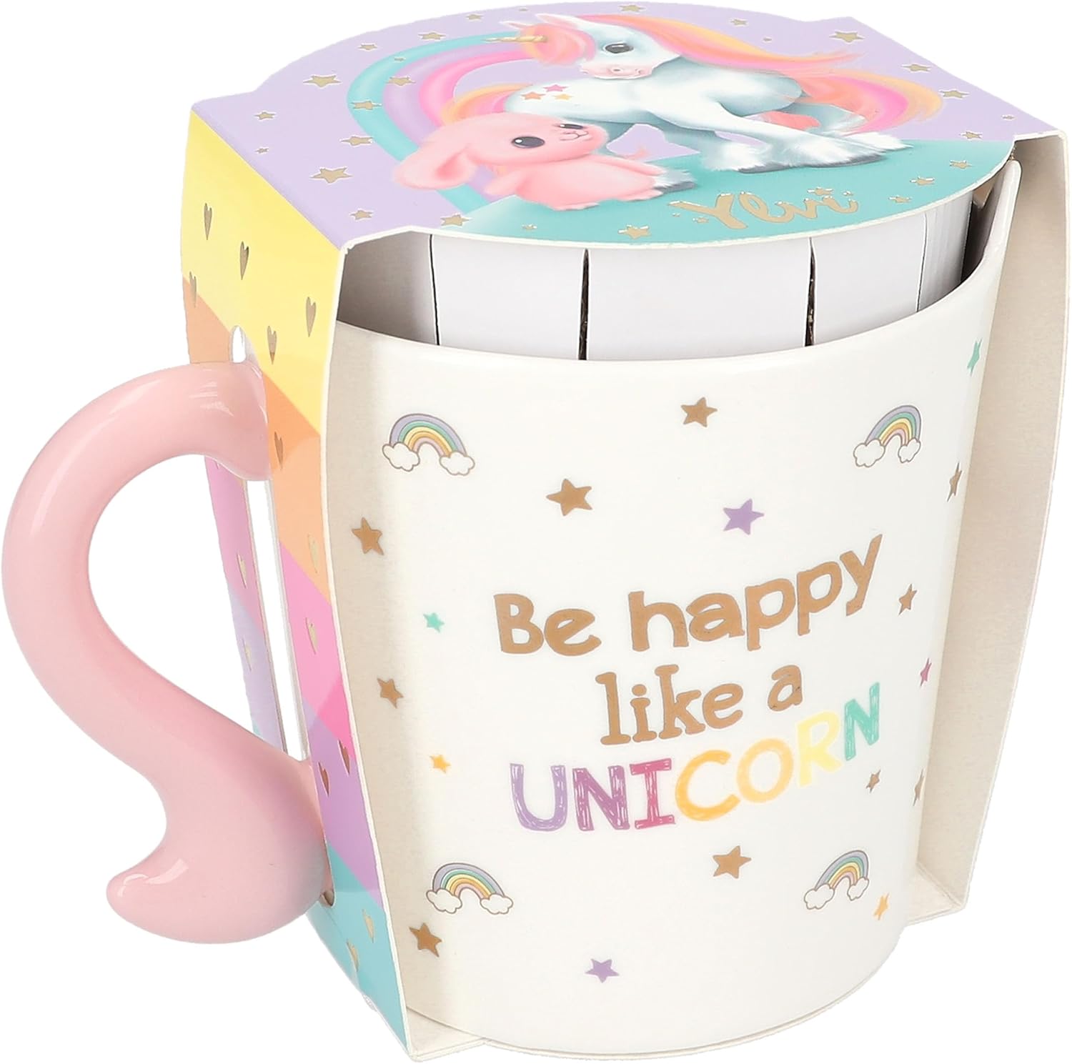 Depesche 13069 Ylvi Mug bianca con stampa e scritta unicorno dorata, tazza in porcellana con manico rosa, capacità circa 300 ml, Multicolore