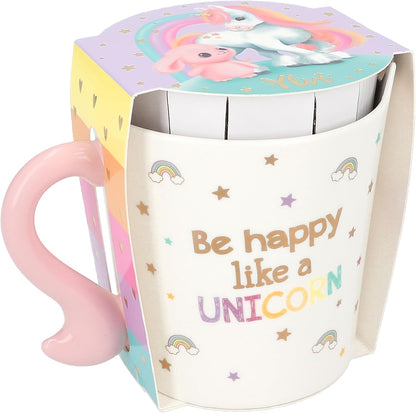 Depesche 13069 Ylvi Mug bianca con stampa e scritta unicorno dorata, tazza in porcellana con manico rosa, capacità circa 300 ml, Multicolore
