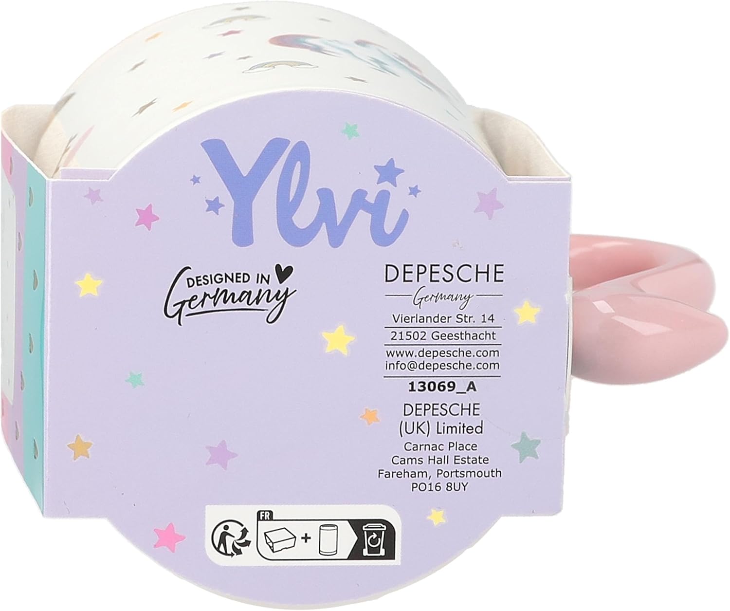 Depesche 13069 Ylvi Mug bianca con stampa e scritta unicorno dorata, tazza in porcellana con manico rosa, capacità circa 300 ml, Multicolore