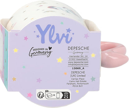 Depesche 13069 Ylvi Mug bianca con stampa e scritta unicorno dorata, tazza in porcellana con manico rosa, capacità circa 300 ml, Multicolore