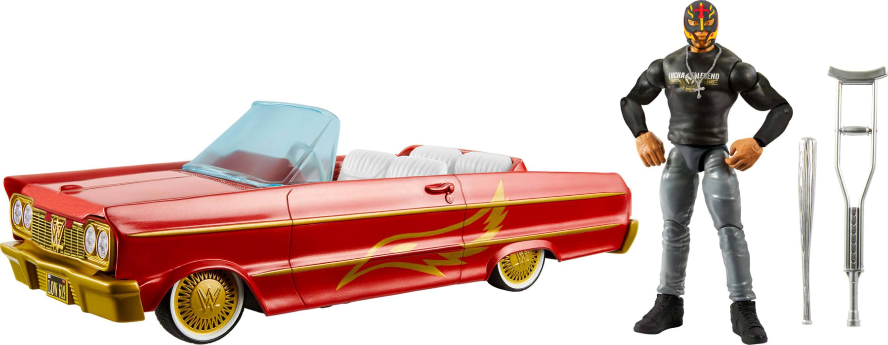 Mattel WWE Action Figure & Toy Vehicle Set, Rey Mysterio Main Event Figure & Lucha Low Rider Car with Launching Action & Hydraulics