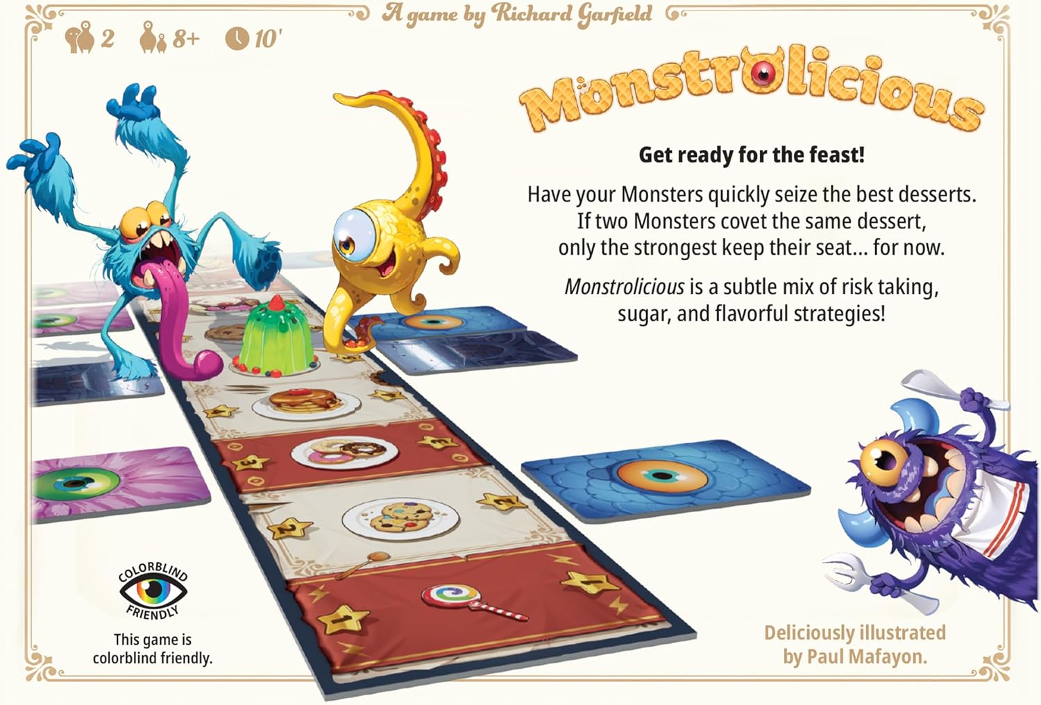 Juego de mesa Monstrolicious – Juego de estrategia familiar con monstruos y postres peculiares, emocionantes minijuegos y sorpresas, a partir de 10 años, 2 jugadores, 10 minutos de tiempo de juego