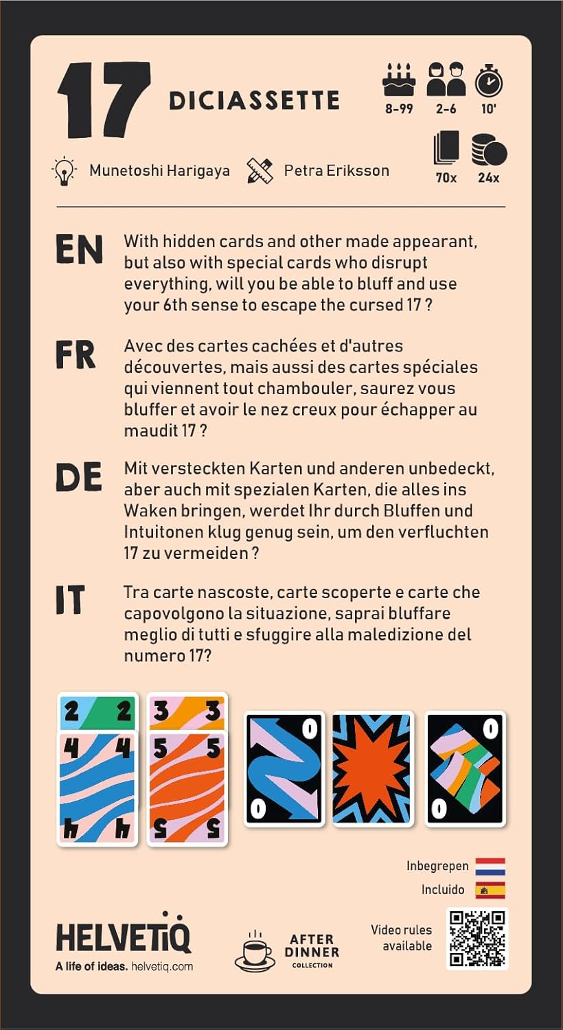 Helvetiq, 17 Diciassette, Bluffing Card Game, Ages 8+, 2-6 Players, 20 Minutes Playing Time