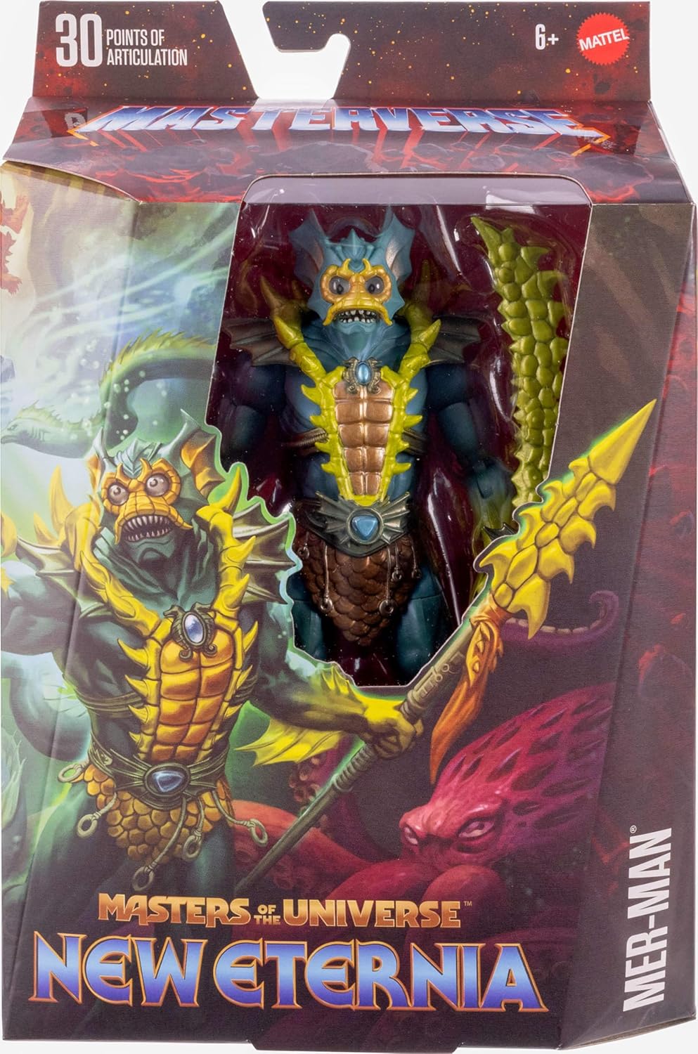 Masters of the Universe Masterverse New Eternia Mer-Man Action Figure, 30 Articulations, 7-inch MOTU Toy Villain, Sword & Spear, HYC59