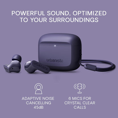 Urbanista Palo Alto Cuffie Bluetooth, Auricolari Bluetooth 5.3 Wireless, Cuffie Antirumore con 6 HD Mics, Audio adattivo, Trasparenza, 45 Ore di Riproduzione, Bassi Potenti, USB-C, IP54, Viola