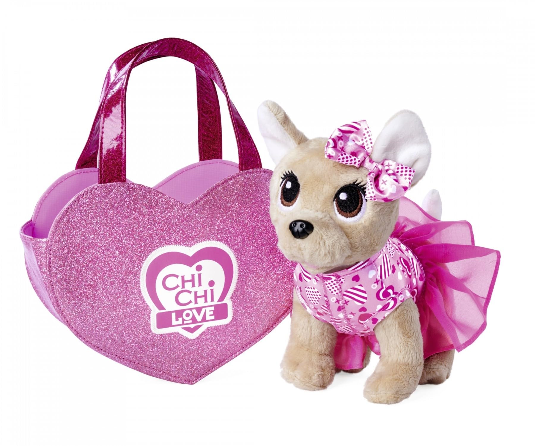 Simba- CCL-OVE Chi Love is in The Air, Perro de Peluche Chihuahua con Bonito Vestido y Lazo, en Bolsa de corazón con Purpurina, 20 cm, a Partir de 3 años, Color Blanco, Moyen (105890055