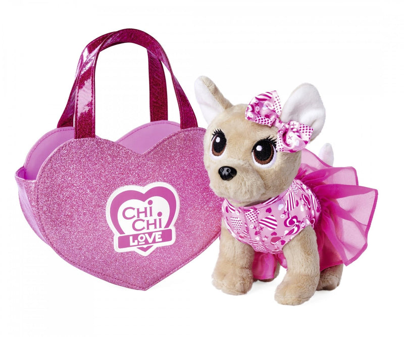 Simba- CCL-OVE Chi Love is in The Air, Perro de Peluche Chihuahua con Bonito Vestido y Lazo, en Bolsa de corazón con Purpurina, 20 cm, a Partir de 3 años, Color Blanco, Moyen (105890055