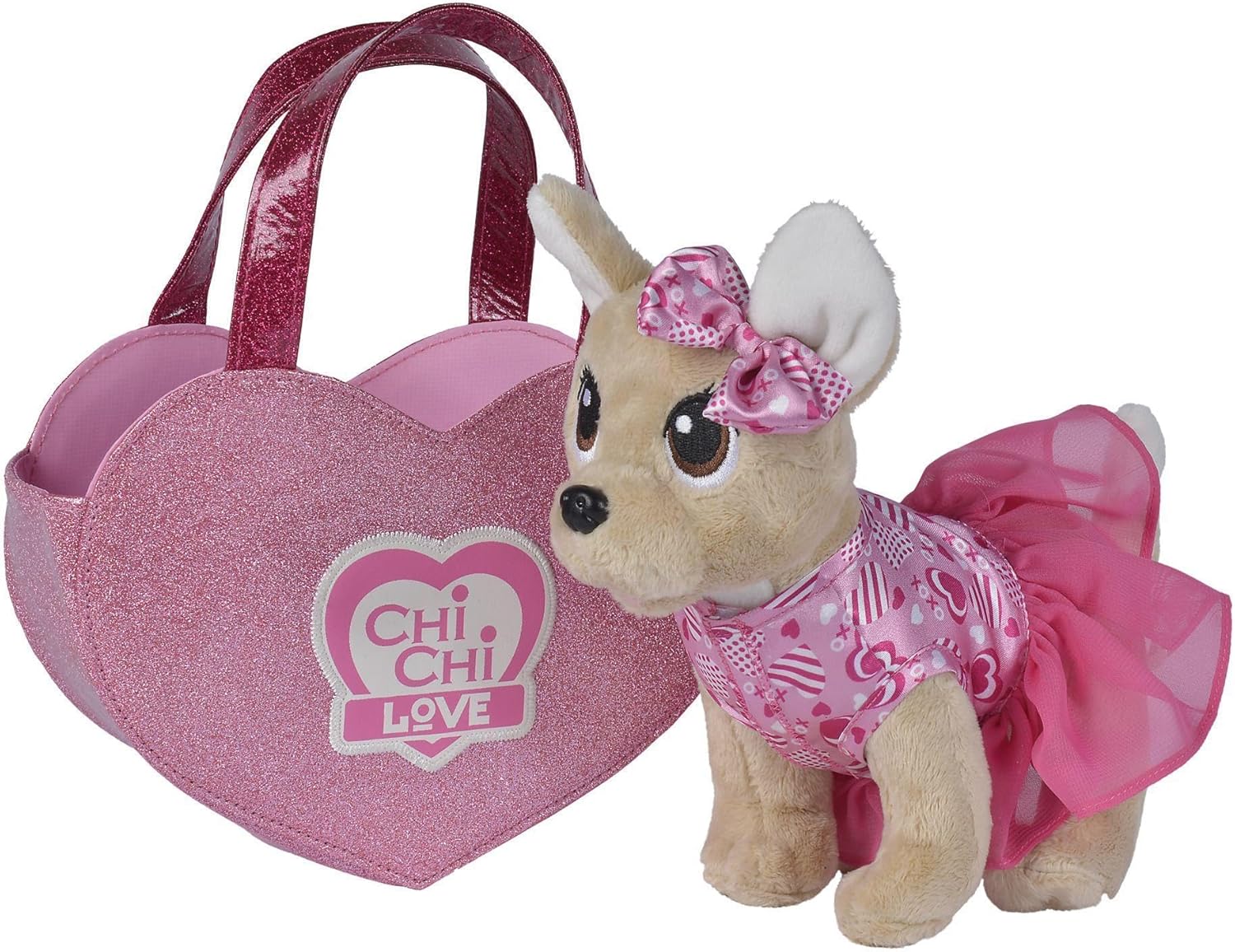 Simba- CCL-OVE Chi Love is in The Air, Perro de Peluche Chihuahua con Bonito Vestido y Lazo, en Bolsa de corazón con Purpurina, 20 cm, a Partir de 3 años, Color Blanco, Moyen (105890055