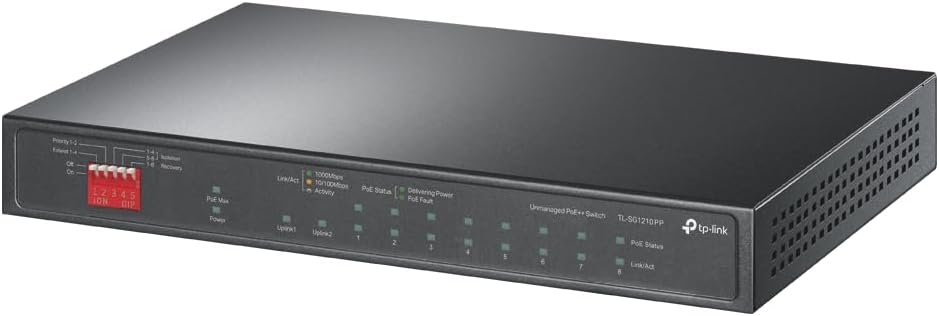 TP-Link 10-Port Gigabit Desktop Switch with 6-Port PoE+ and 2-Port PoE++,Supports PoE Power up to 123 W,Auto Recovery,Compliance with IEEE 802.3af/at/bt,Durable Metal Casing,Plug and Play(TL-SG1210PP)