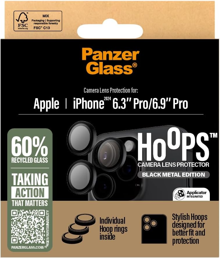 PanzerGlass HOOPS Camera Lens Protector for Apple iPhone 16 Pro / 16 Pro Max 2024| Ultra High Clarity Glass,Full Coverage Individual Lens Protection, Anti-Scratch Anti-Fingerprint - Black