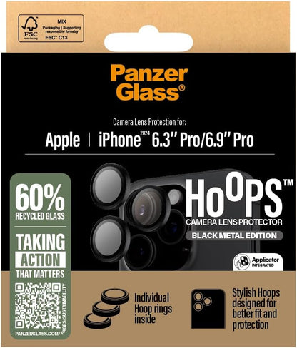 PanzerGlass HOOPS Camera Lens Protector for Apple iPhone 16 Pro / 16 Pro Max 2024| Ultra High Clarity Glass,Full Coverage Individual Lens Protection, Anti-Scratch Anti-Fingerprint - Black