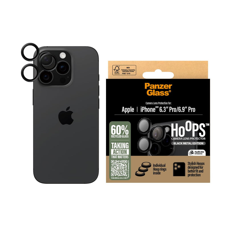 PanzerGlass HOOPS Camera Lens Protector for Apple iPhone 16 Pro / 16 Pro Max 2024| Ultra High Clarity Glass,Full Coverage Individual Lens Protection, Anti-Scratch Anti-Fingerprint - Black
