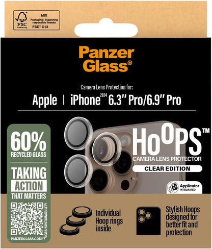 PanzerGlass HOOPS Camera Lens Protector for Apple iPhone 16 Pro / 16 Pro Max 2024| Ultra High Clarity Glass,Full Coverage Individual Lens Protection, Anti-Scratch Anti-Fingerprint - Transparent
