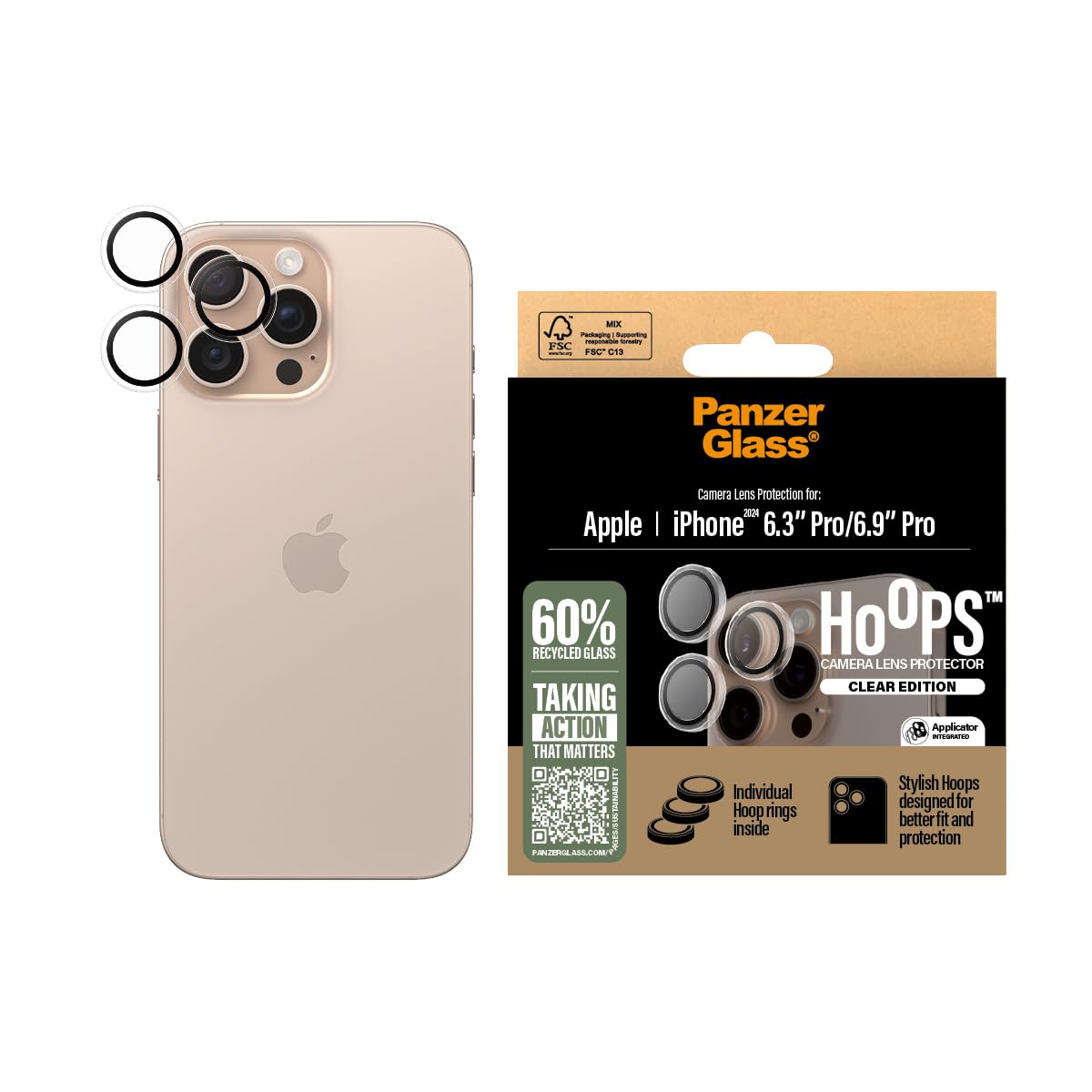 PanzerGlass HOOPS Camera Lens Protector for Apple iPhone 16 Pro / 16 Pro Max 2024| Ultra High Clarity Glass,Full Coverage Individual Lens Protection, Anti-Scratch Anti-Fingerprint - Transparent