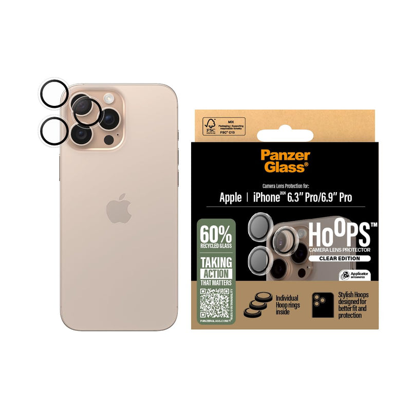 PanzerGlass HOOPS Camera Lens Protector for Apple iPhone 16 Pro / 16 Pro Max 2024| Ultra High Clarity Glass,Full Coverage Individual Lens Protection, Anti-Scratch Anti-Fingerprint - Transparent