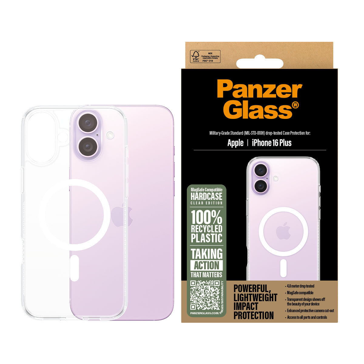 PanzerGlass ® HardCase Transparent w. White MagSafe iPhone 16 Plus