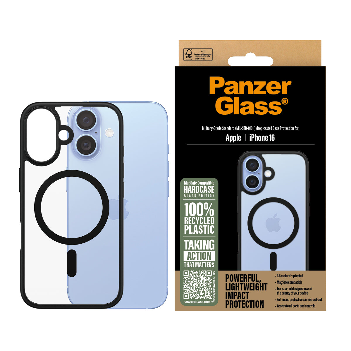 PanzerGlass ® HardCase Transparent w. Black MagSafe & Frame iPhone 16