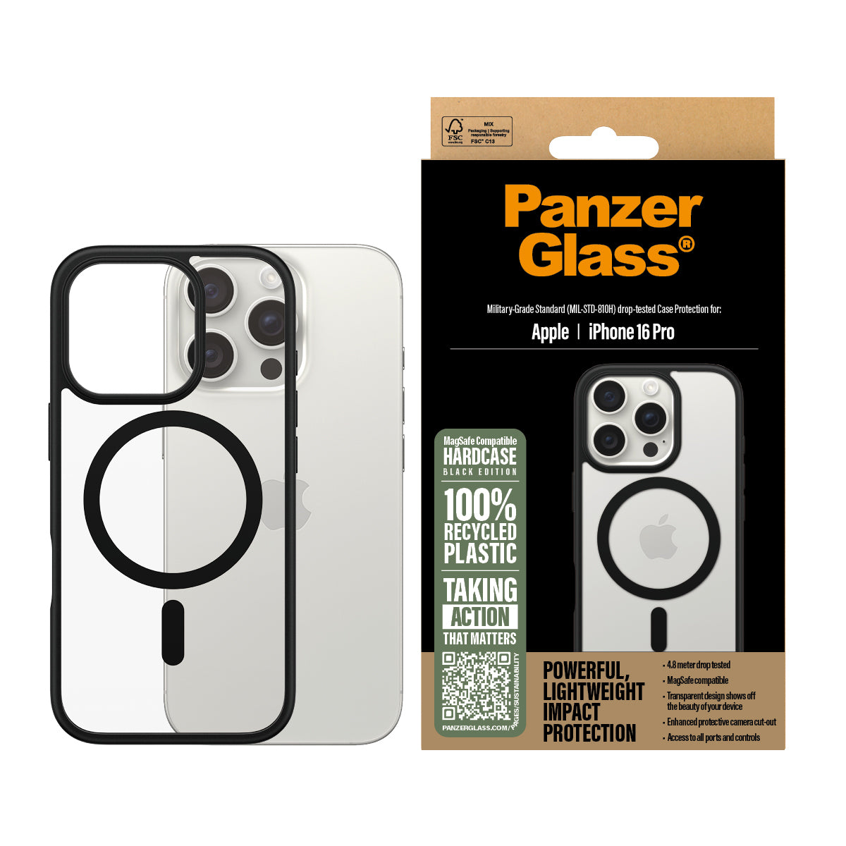 PanzerGlass ® HardCase Transparent w. Black MagSafe & Frame iPhone 16 Pro