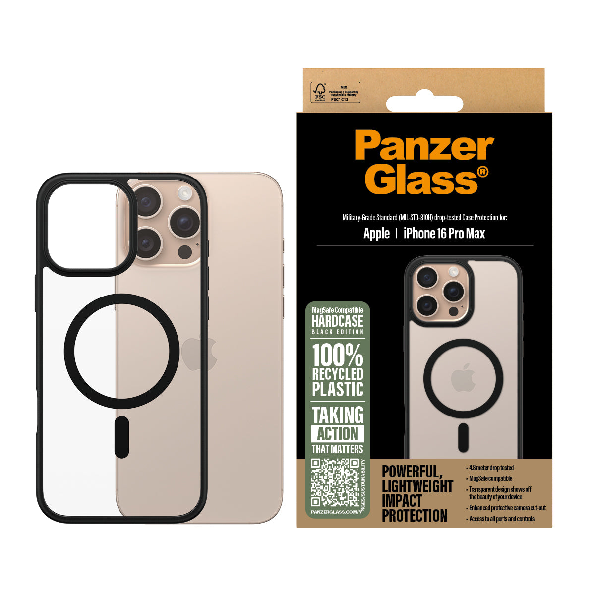 PanzerGlass ® HardCase Transparent w. Black MagSafe & Frame iPhone 16 Pro Max