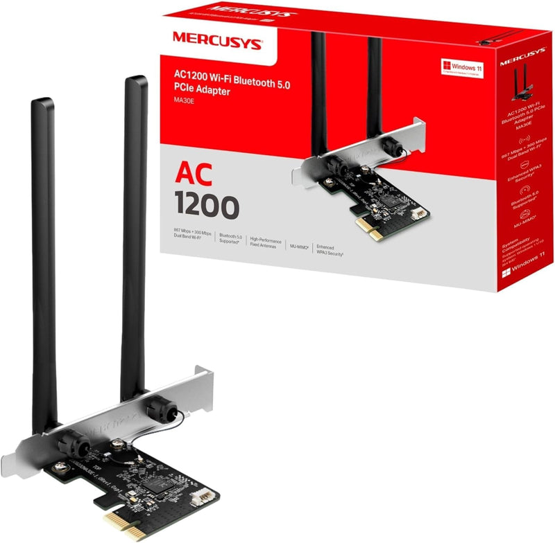 Mercusys AC1200 Wi-Fi Bluetooth 5.0 PCIe Adapter with Two Antennas, Dual Band,MU-MIMO,WPA3, Supports Windows 10/11(64bit), Plug and Play(MA30E)