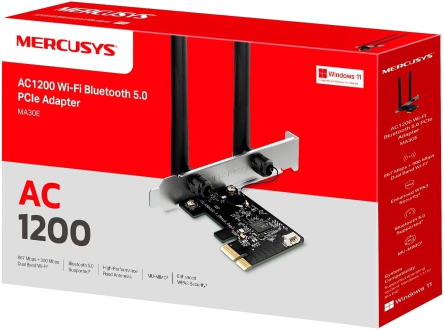 Mercusys AC1200 Wi-Fi Bluetooth 5.0 PCIe Adapter with Two Antennas, Dual Band,MU-MIMO,WPA3, Supports Windows 10/11(64bit), Plug and Play(MA30E)