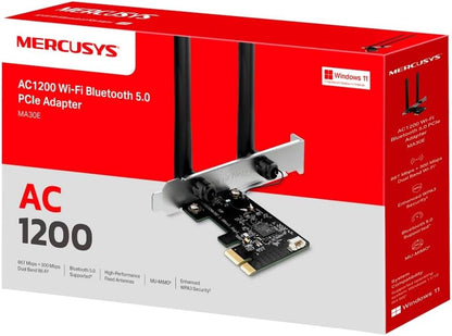 Mercusys AC1200 Wi-Fi Bluetooth 5.0 PCIe Adapter with Two Antennas, Dual Band,MU-MIMO,WPA3, Supports Windows 10/11(64bit), Plug and Play(MA30E)