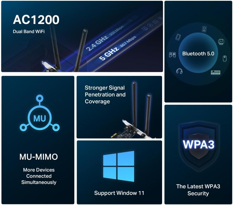 Mercusys AC1200 Wi-Fi Bluetooth 5.0 PCIe Adapter with Two Antennas, Dual Band,MU-MIMO,WPA3, Supports Windows 10/11(64bit), Plug and Play(MA30E)