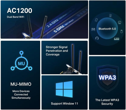 Mercusys AC1200 Wi-Fi Bluetooth 5.0 PCIe Adapter with Two Antennas, Dual Band,MU-MIMO,WPA3, Supports Windows 10/11(64bit), Plug and Play(MA30E)