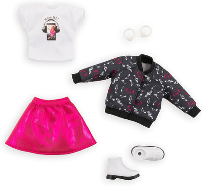 Corolle Girls Melody Musikstudio Set, Ankleidepuppe mit Pinker Strähne im Rockstaroutfit, 4-TLG. Zubehör, Vanilleduft, 28cm, ab 4 Jahre